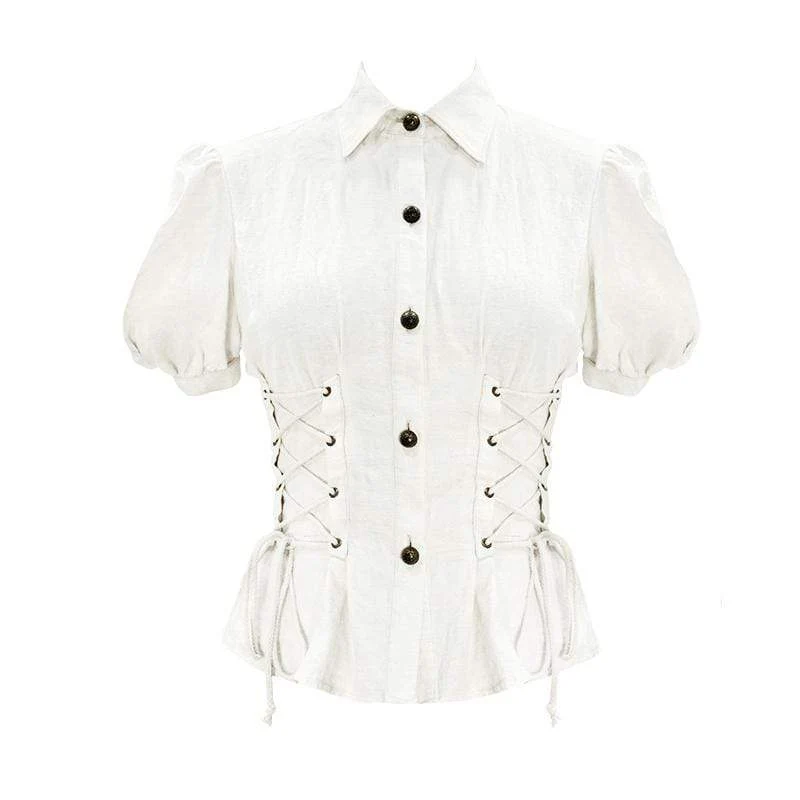 Damen Vintage Lentern Ärmel Schnür Elfenbein Shirts
