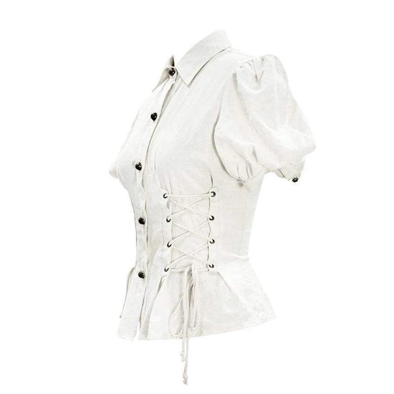 Damen Vintage Lentern Ärmel Schnür Elfenbein Shirts