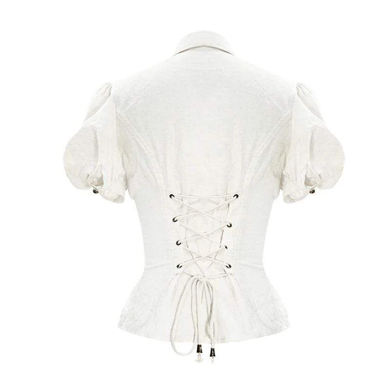 Damen Vintage Lentern Ärmel Schnür Elfenbein Shirts