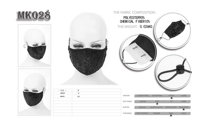 Frauen Gothic Solid Jacward Masken mit Einweg-Filtereinsatz XNUMXer-Set