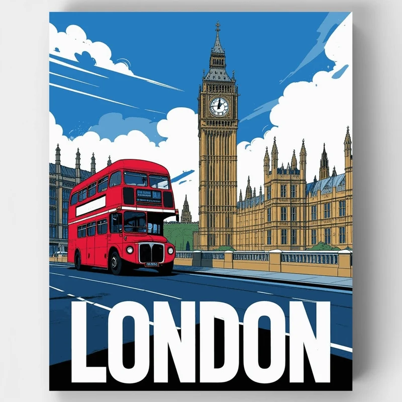 London Big Ben & Red Double-Decker Bus - Paint by Numbers Kit