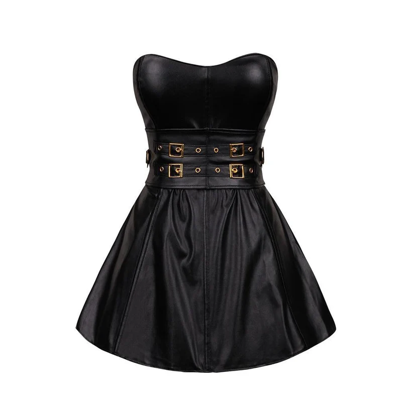 Damen Zweireiher Kunstleder Bustier Korsett Top mit Rock