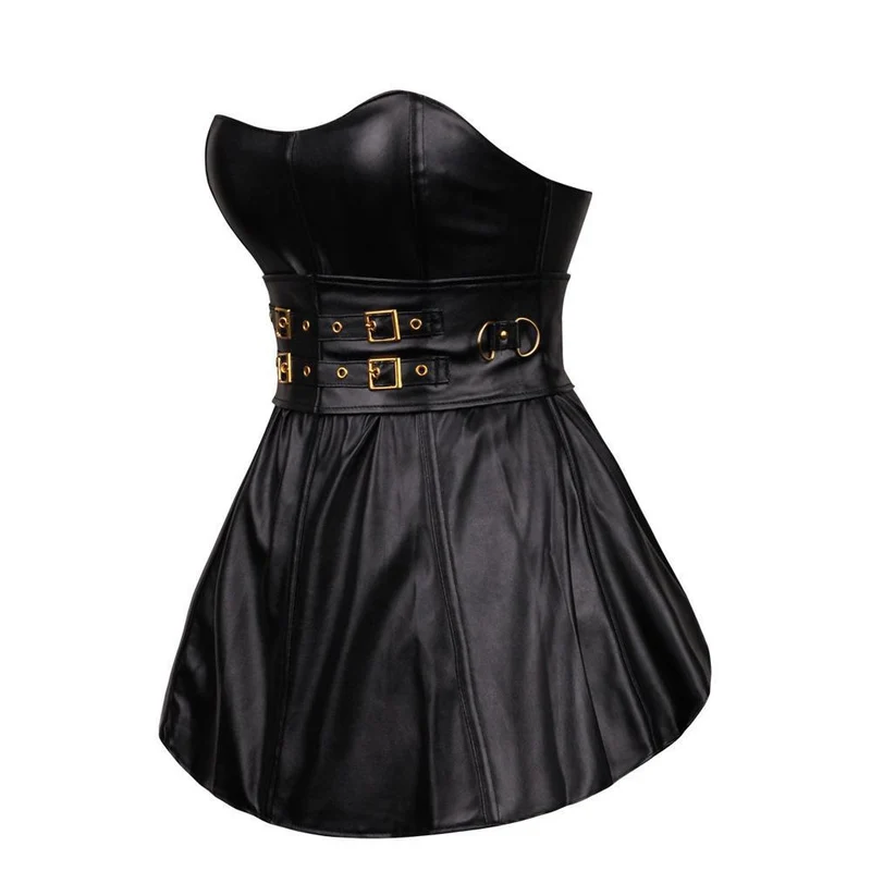 Damen Zweireiher Kunstleder Bustier Korsett Top mit Rock