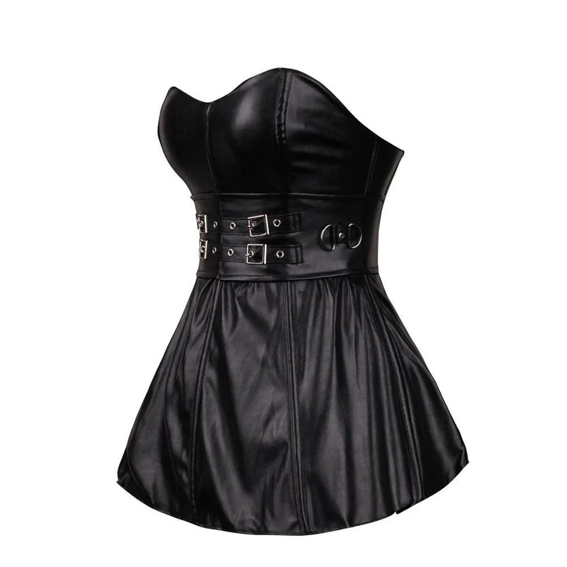 Damen Zweireiher Kunstleder Bustier Korsett Top mit Rock