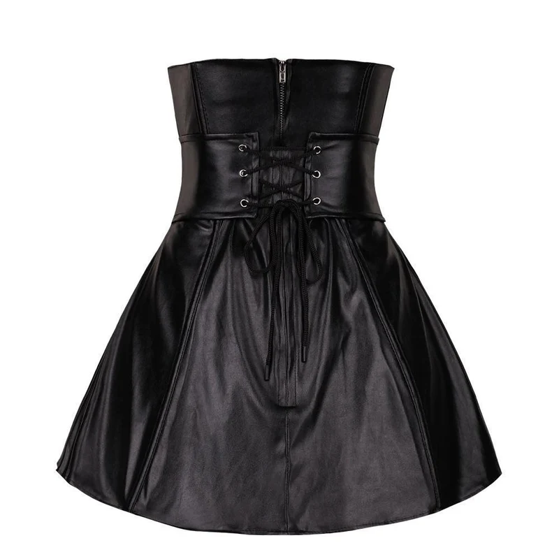Damen Zweireiher Kunstleder Bustier Korsett Top mit Rock