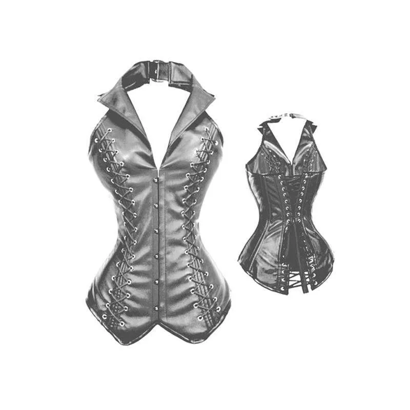 Damen Steampunk Schnürkorsett aus Kunstleder mit G-String