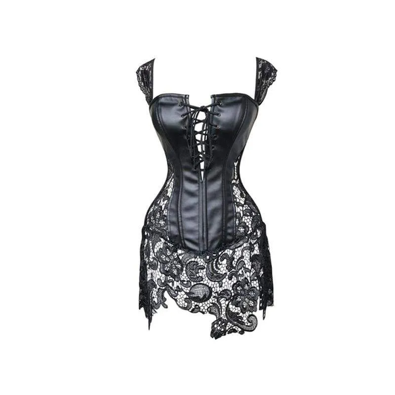 Plus Size Punk Lace Up Kunstleder schiere floraler Spitze Vollbrust Korsetts