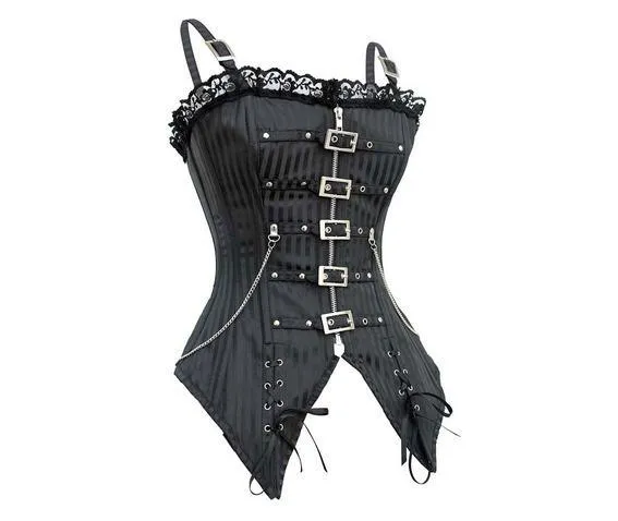 Gothic Striped Lace Buckles Vollbrustkorsett mit String