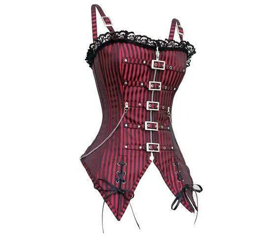 Gothic Striped Lace Buckles Vollbrustkorsett mit String