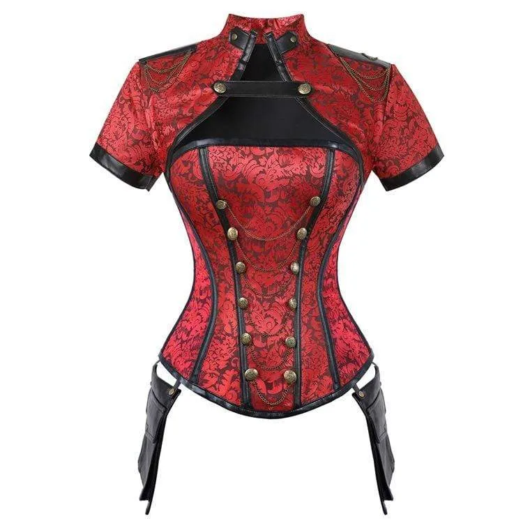 Damen Gothic Floral Sleeved High Collar Overbust Korsetts