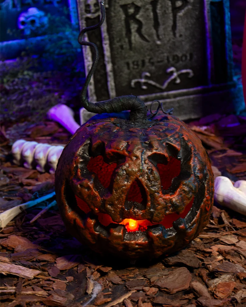 Verfaulter Halloween Kürbis mit Strunk & Beleuchtung 25cm