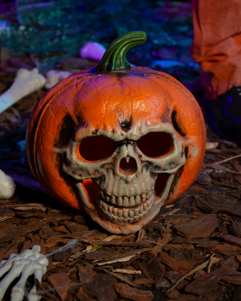 Halloween Kürbis mit leuchtender Totenschädel Fratze 21cm