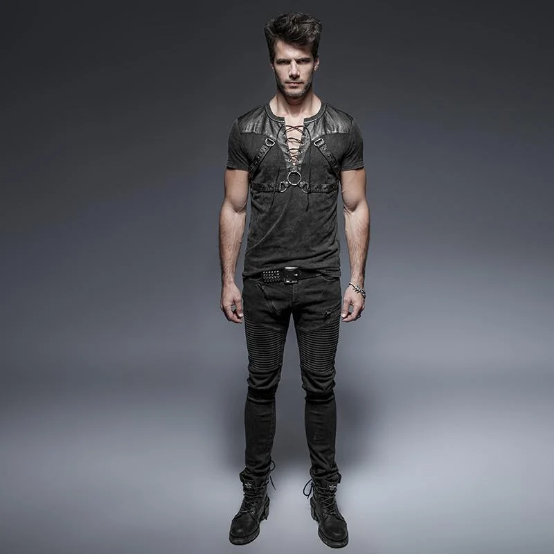 Herren Punk Zipper Lace Up T-Shirt mit Trägern