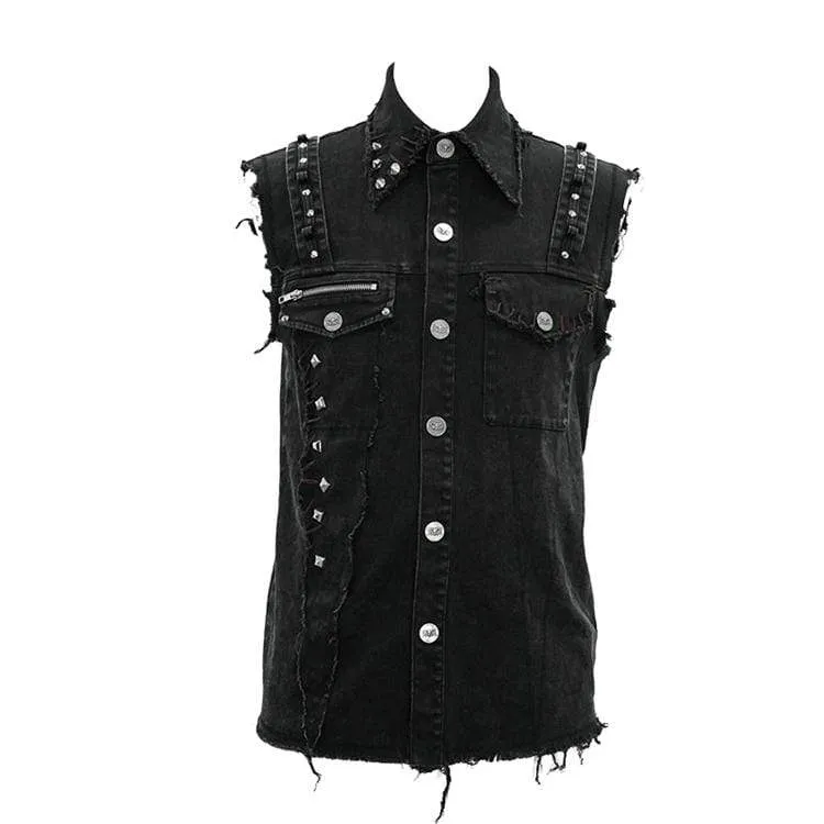 Herren Punk Nieten Ripped Denim Weste