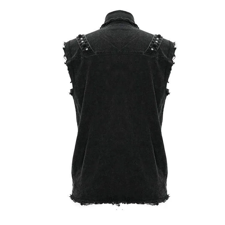 Herren Punk Nieten Ripped Denim Weste