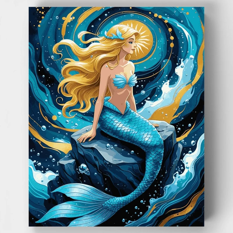 Golden Mermaid on Ocean Rock - Paint by Numbers Kit