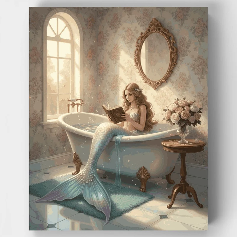 Mermaid Reading in a Vintage Bathtub - Paint by Numbers Kit