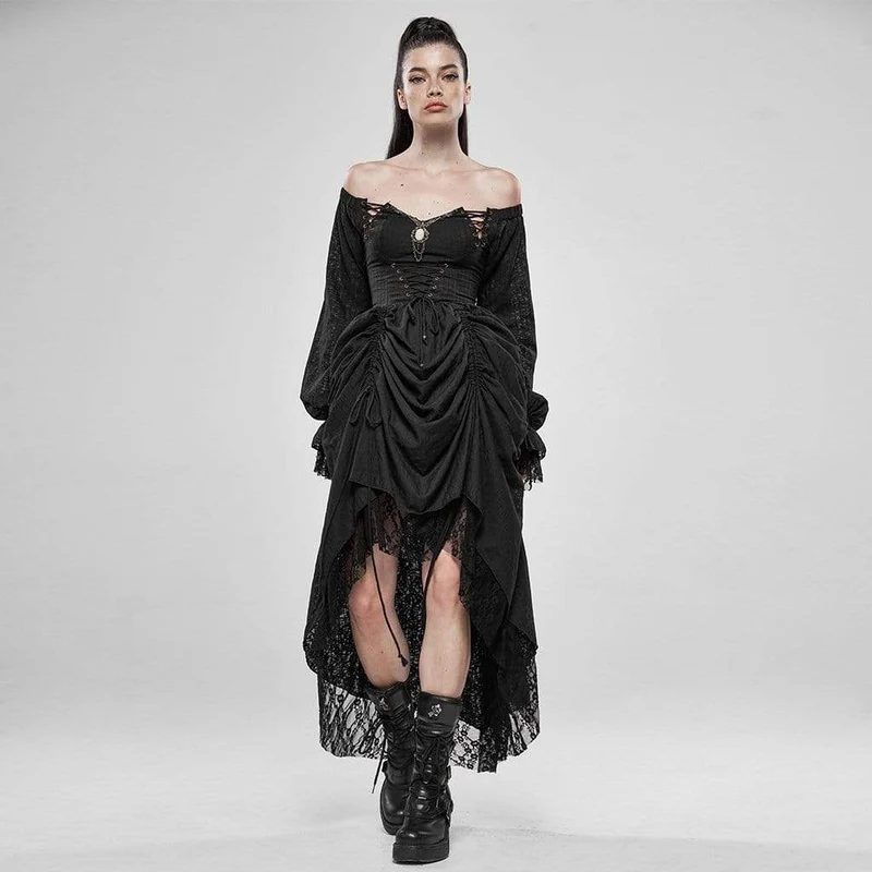 Damen Goth Cold Shoulder Puffärmelkleider mit Mesh-Rüschen