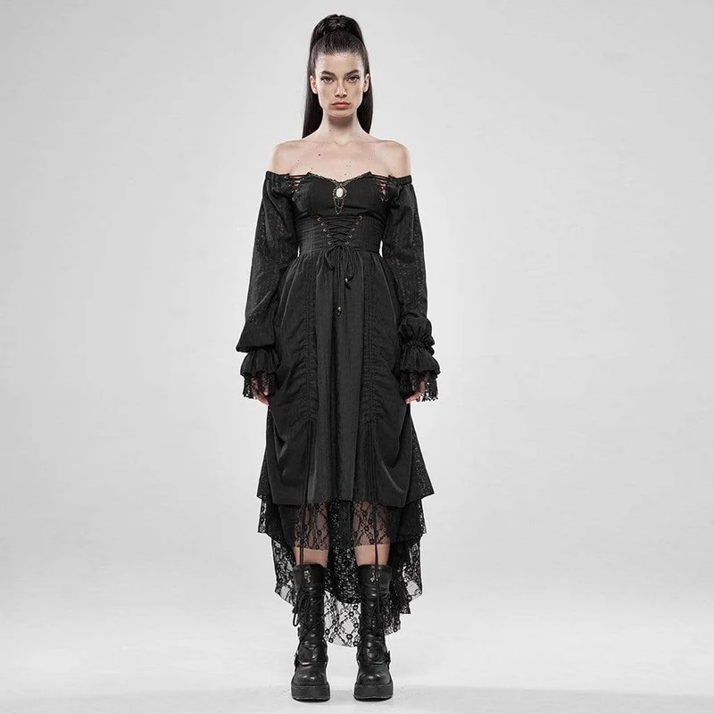 Damen Goth Cold Shoulder Puffärmelkleider mit Mesh-Rüschen