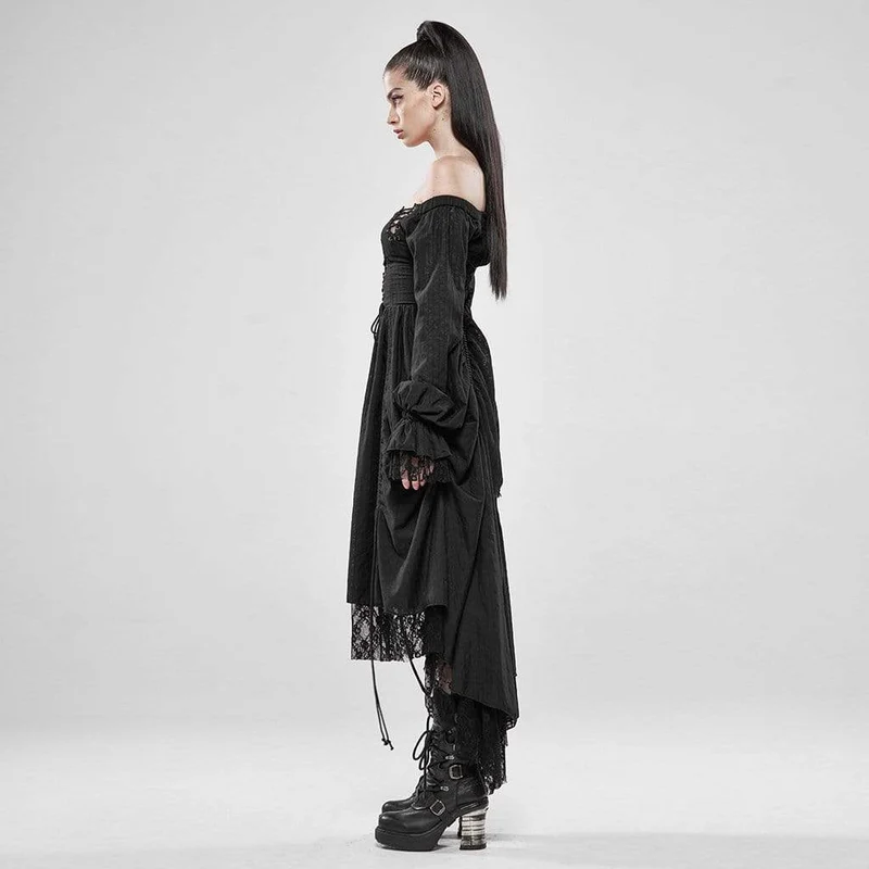 Damen Goth Cold Shoulder Puffärmelkleider mit Mesh-Rüschen