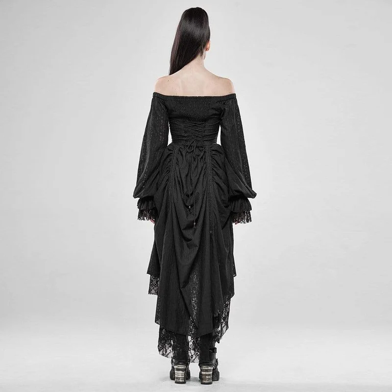 Damen Goth Cold Shoulder Puffärmelkleider mit Mesh-Rüschen