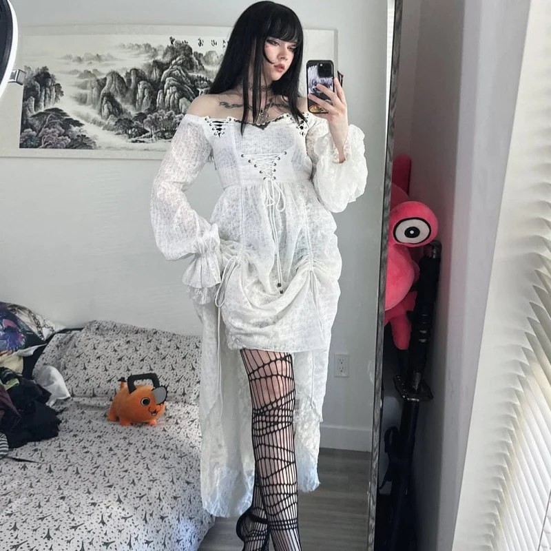Damen Goth Cold Shoulder Puffärmelkleider mit Mesh-Rüschen