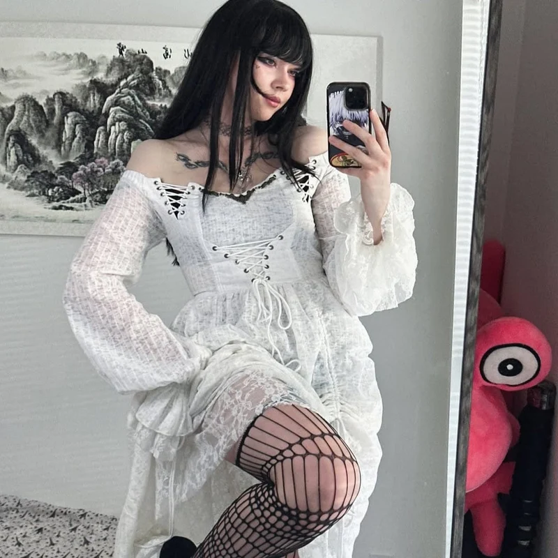Damen Goth Cold Shoulder Puffärmelkleider mit Mesh-Rüschen