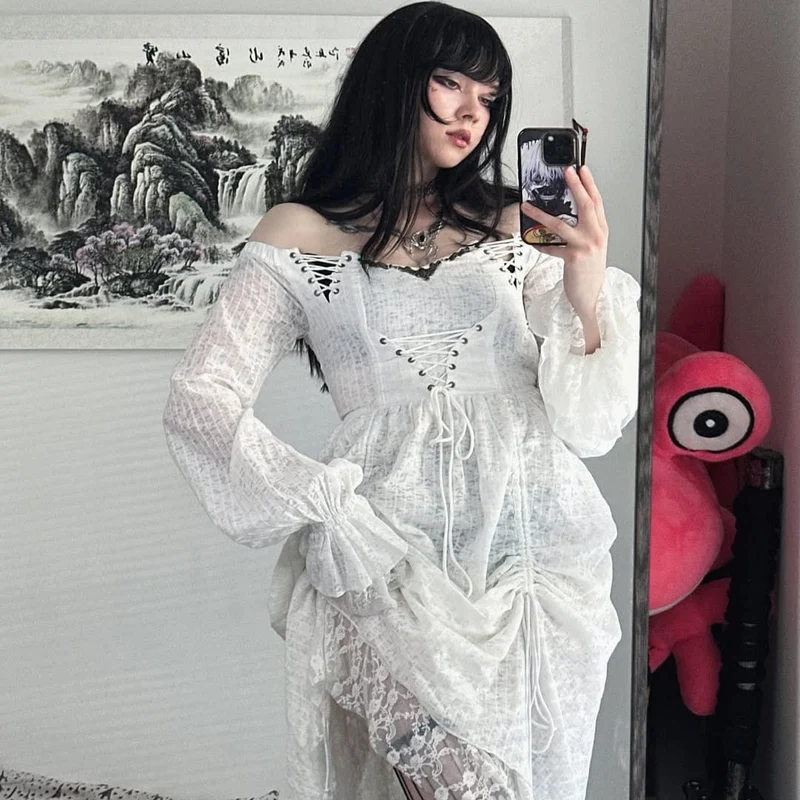 Damen Goth Cold Shoulder Puffärmelkleider mit Mesh-Rüschen