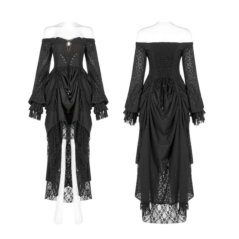 Damen Goth Cold Shoulder Puffärmelkleider mit Mesh-Rüschen