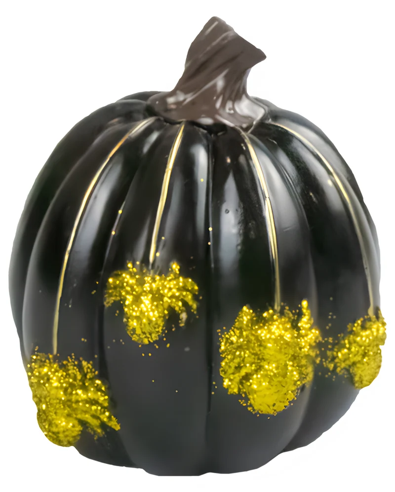 Schwarzer Deko Kürbis mit Glitter Spinnen 9,5cm