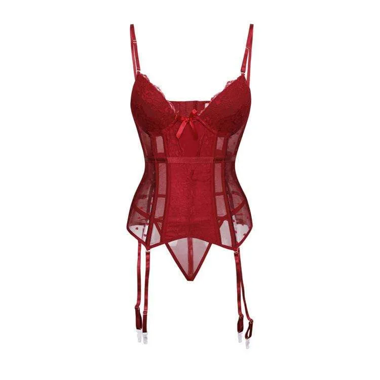 Damen Gothic Dessous Spitze Sheer Overbust Korsetts mit T-Rücken