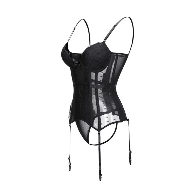 Damen Gothic Dessous Spitze Sheer Overbust Korsetts mit T-Rücken