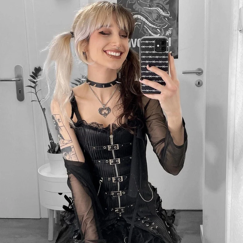 Damen Steampunk Front Zip Overbust Korsetts mit Ketten