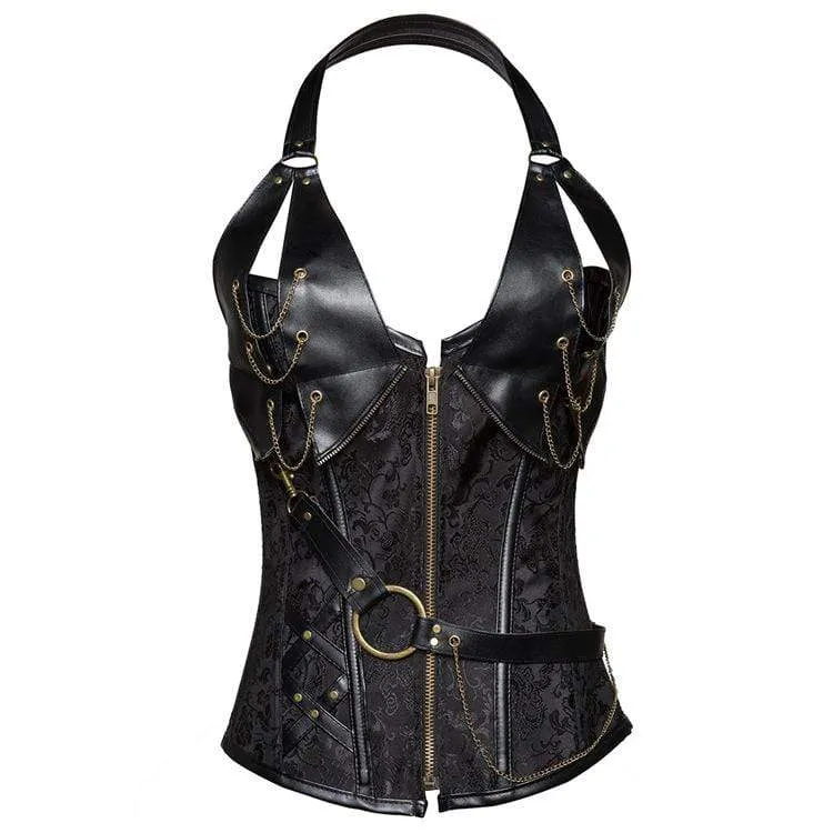 Damen Gothic Kunstleder Neckholder Top Korsetts