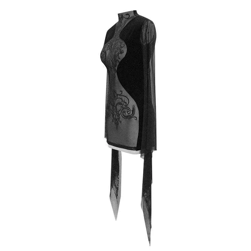 Damen Stand Collar Flare Ärmel Floral Sheer Gaze Kleider