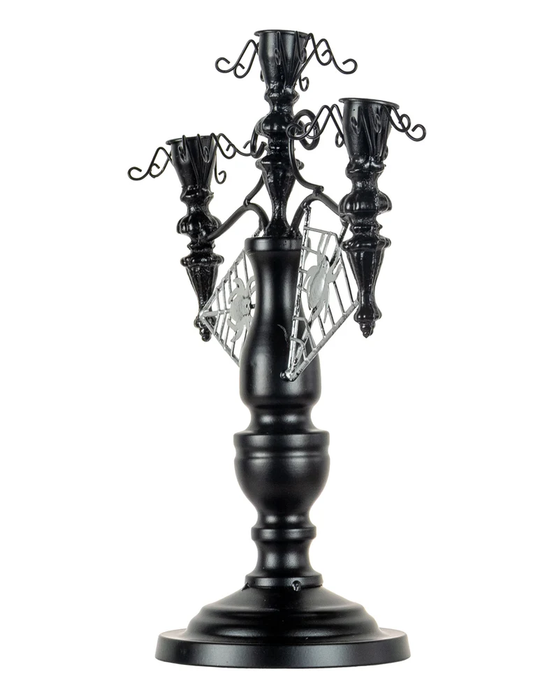 Schwarzer 2-armiger Halloween Metall-Kerzenständer mit Spinnen 32cm