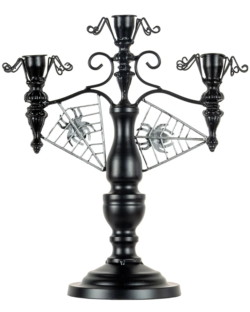 Schwarzer 2-armiger Halloween Metall-Kerzenständer mit Spinnen 32cm
