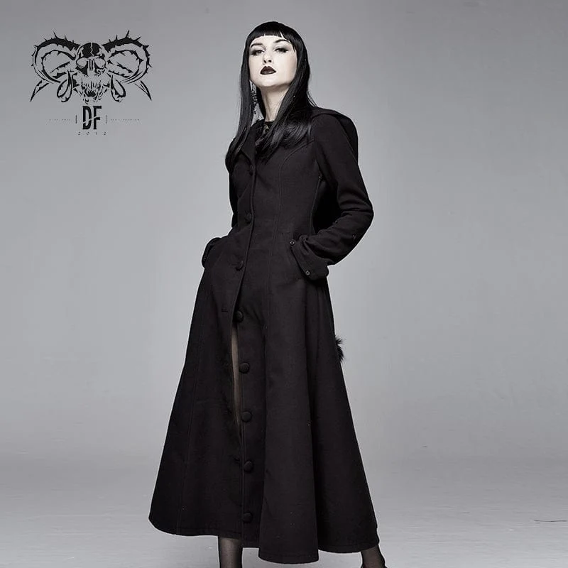 Gothic schwarze Kapuzenkleider für Damen mit abnehmbaren, flauschigen Accessoires