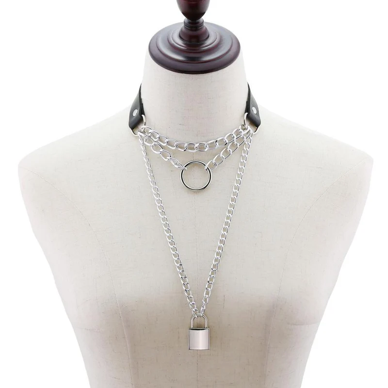 Frauen Metallkette Kunstleder Halsreif Mit Schloss & Schlüssel