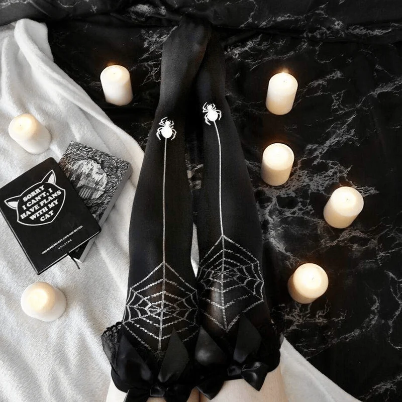 Frauen Goth Spider Web Schwarze Strümpfe Mit Bowknot