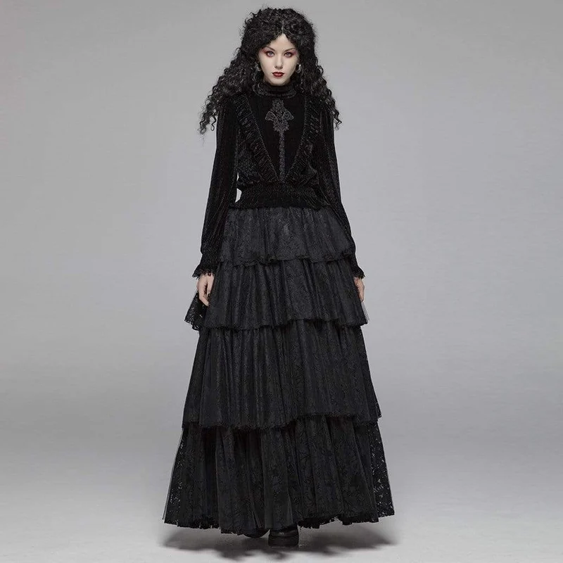 Frauen Goth Stehkragen Floral Lace Velet Tops