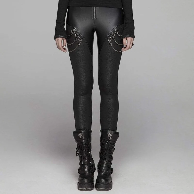 Damen Goth Kunstleder Skinny Leggings mit Metallketten