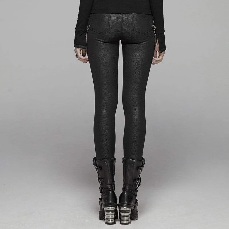 Damen Goth Kunstleder Skinny Leggings mit Metallketten