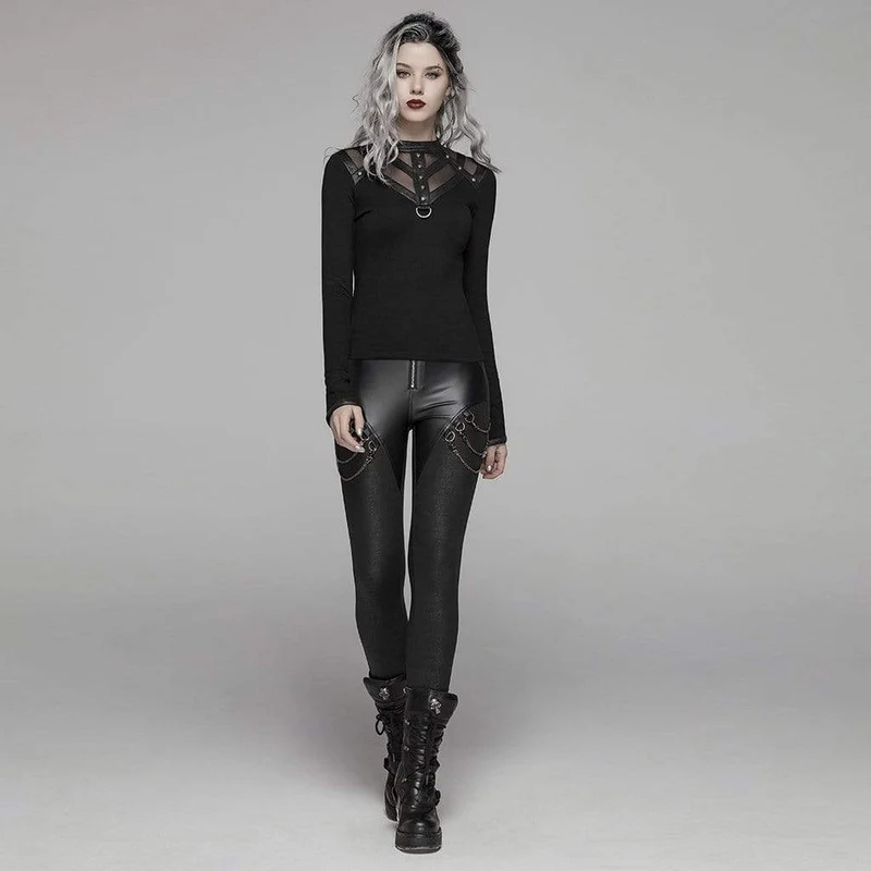 Damen Goth Kunstleder Skinny Leggings mit Metallketten