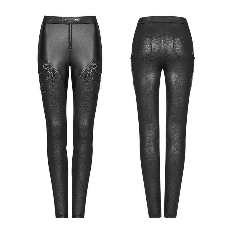 Damen Goth Kunstleder Skinny Leggings mit Metallketten