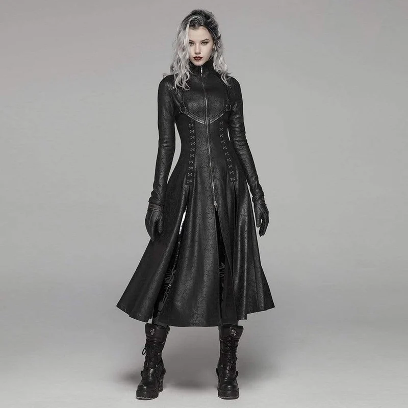 Frauen Goth Front Zipper Stehkragen Maxi Overcoat