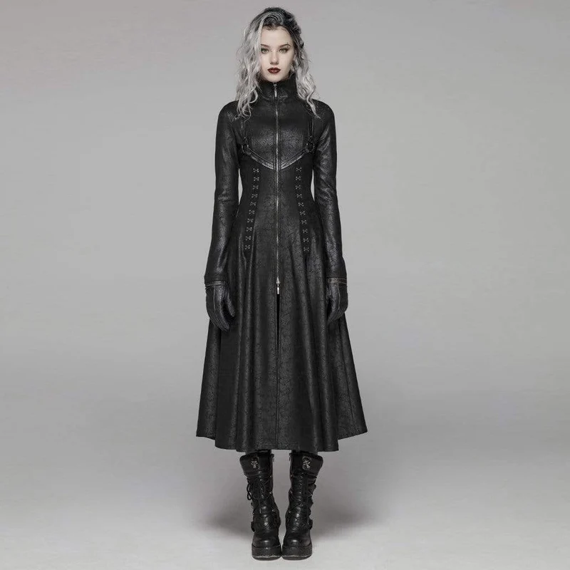 Frauen Goth Front Zipper Stehkragen Maxi Overcoat