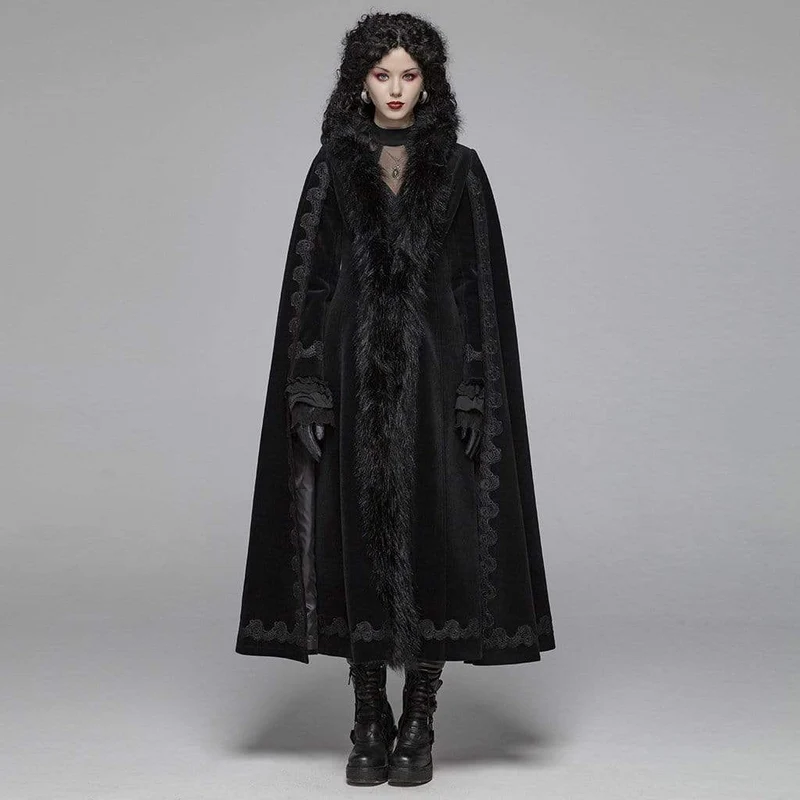 Frauen Goth gestickten Wollmantel Maxi mit Pelzkragen