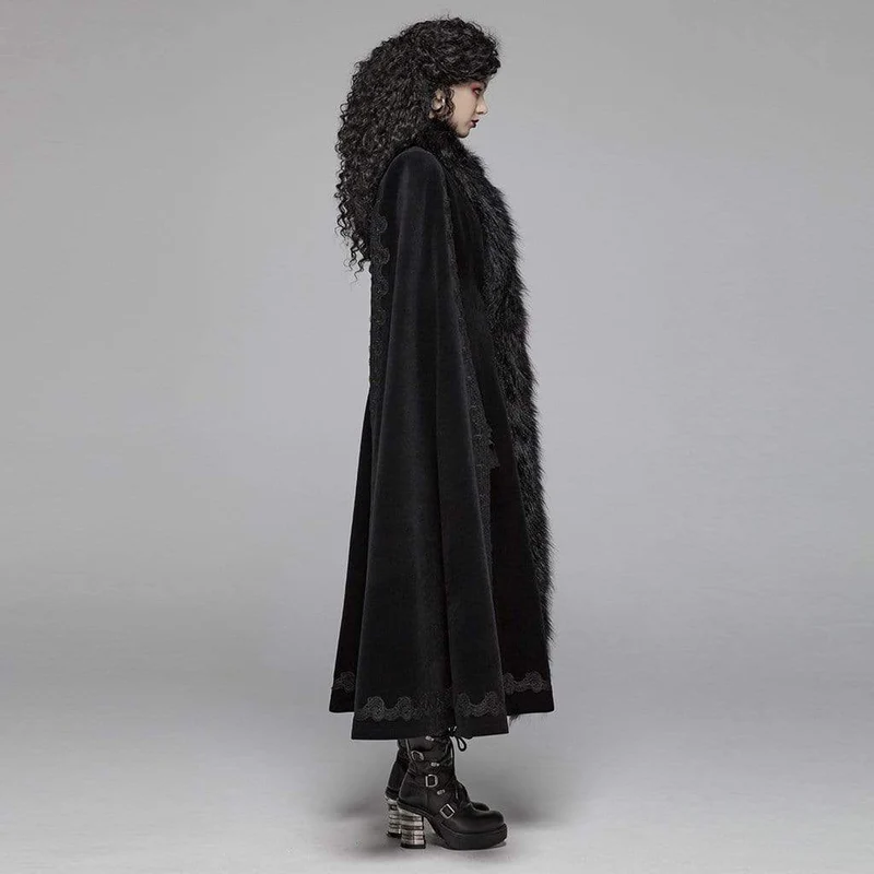 Frauen Goth gestickten Wollmantel Maxi mit Pelzkragen
