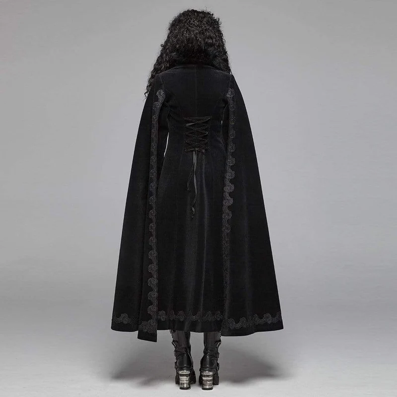 Frauen Goth gestickten Wollmantel Maxi mit Pelzkragen